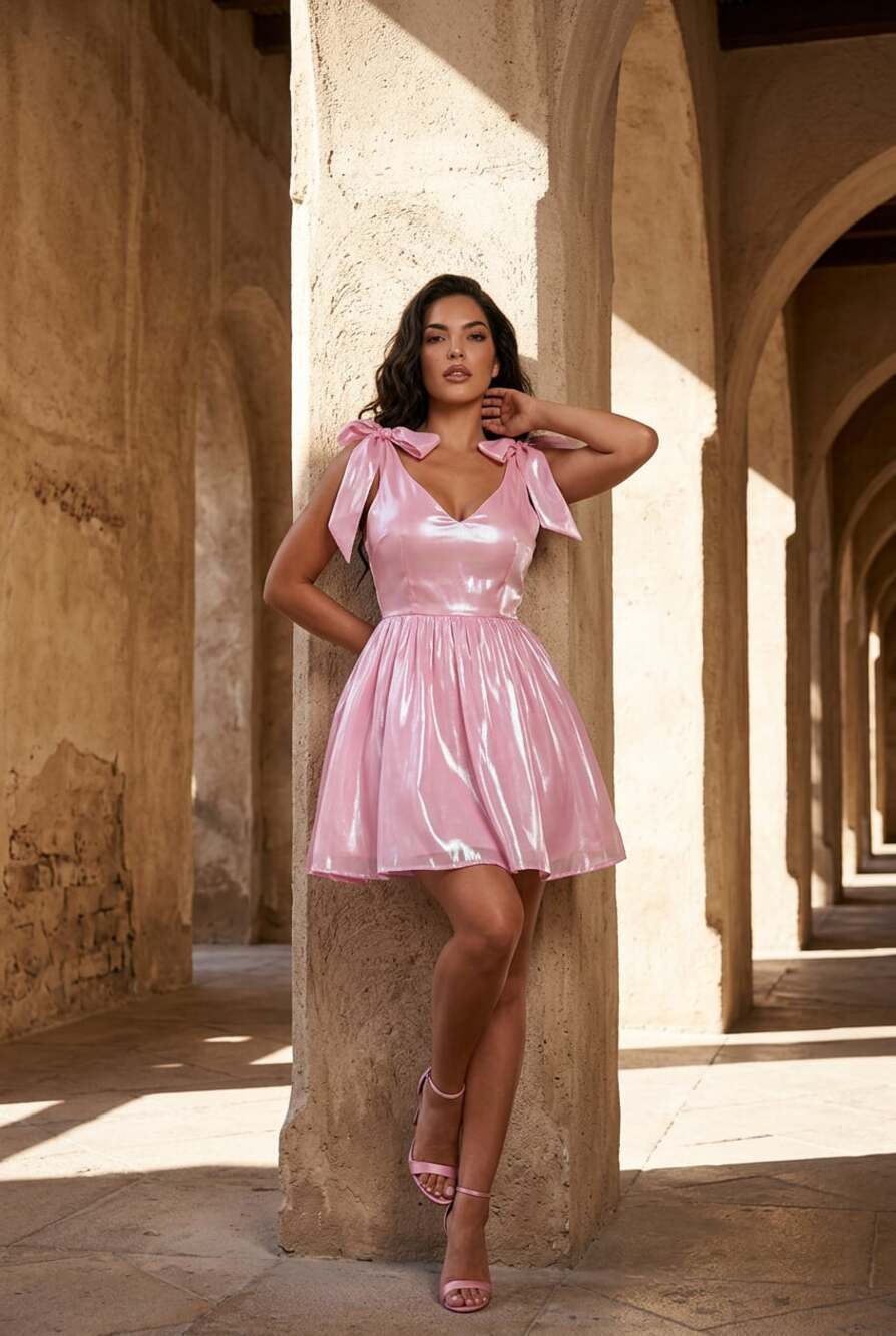 The Vintage Shop Pink Iridescent Bow Shoulder Satin Mini Dress/Small